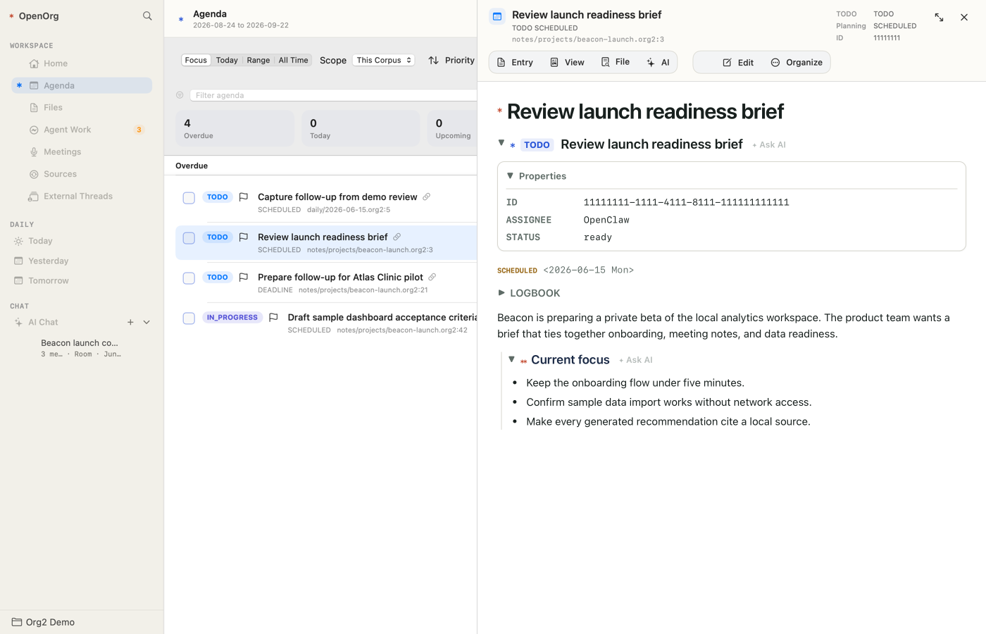 OpenOrg Agenda showing launch readiness tasks and linked context