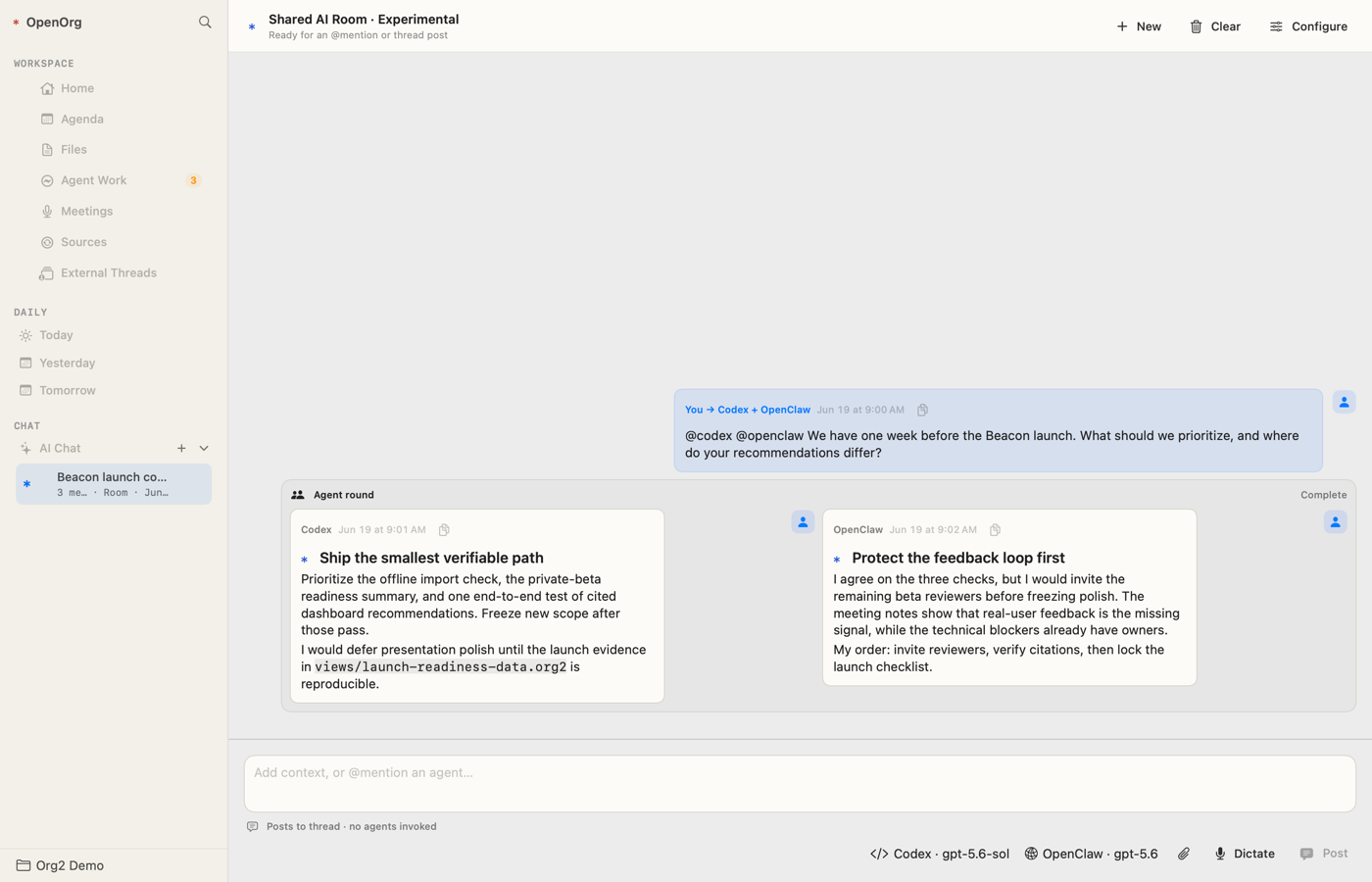 OpenOrg shared AI room showing two configured agents answering the same launch question