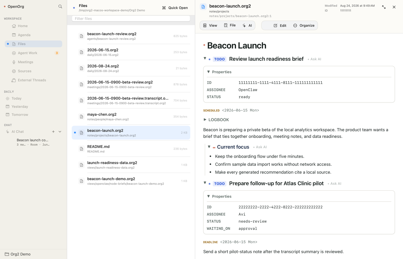 OpenOrg files view showing a selected launch note