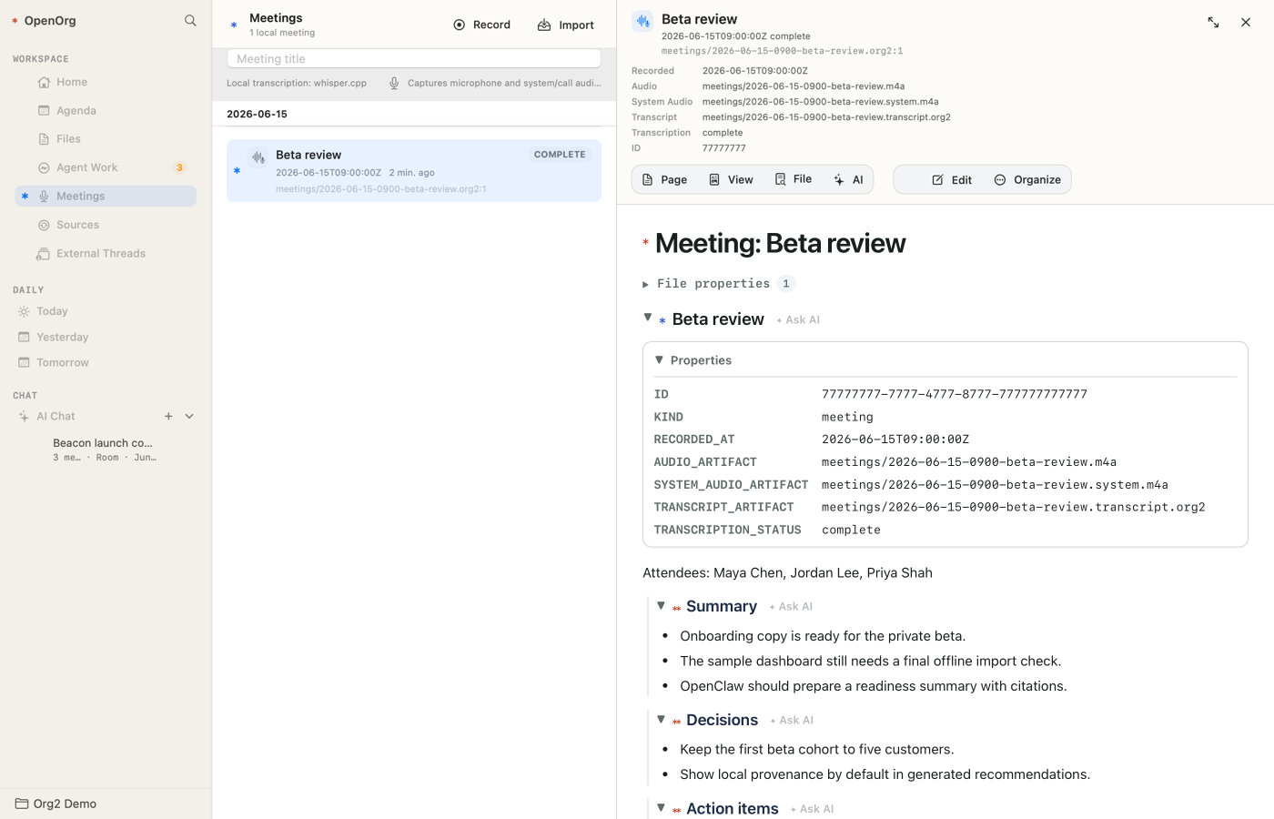 OpenOrg meeting surface with a beta review transcript and summary