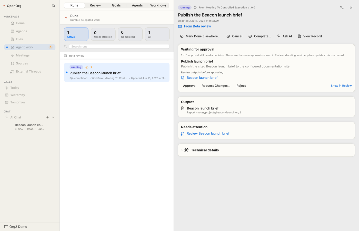OpenOrg Agent Work showing an approval-ready delegated launch brief